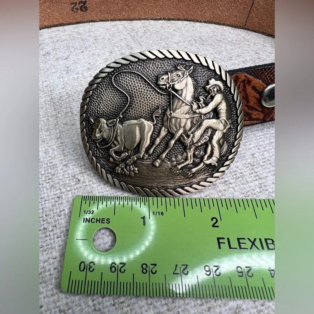 VTG childs Award Design Medals brass buckle, calf roping, w/ tooled leather belt